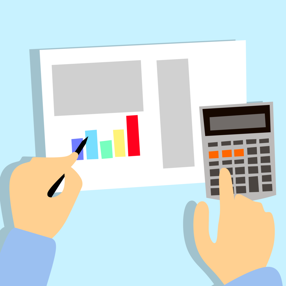 cartoon hands pointing at bar graph on paper and calculator