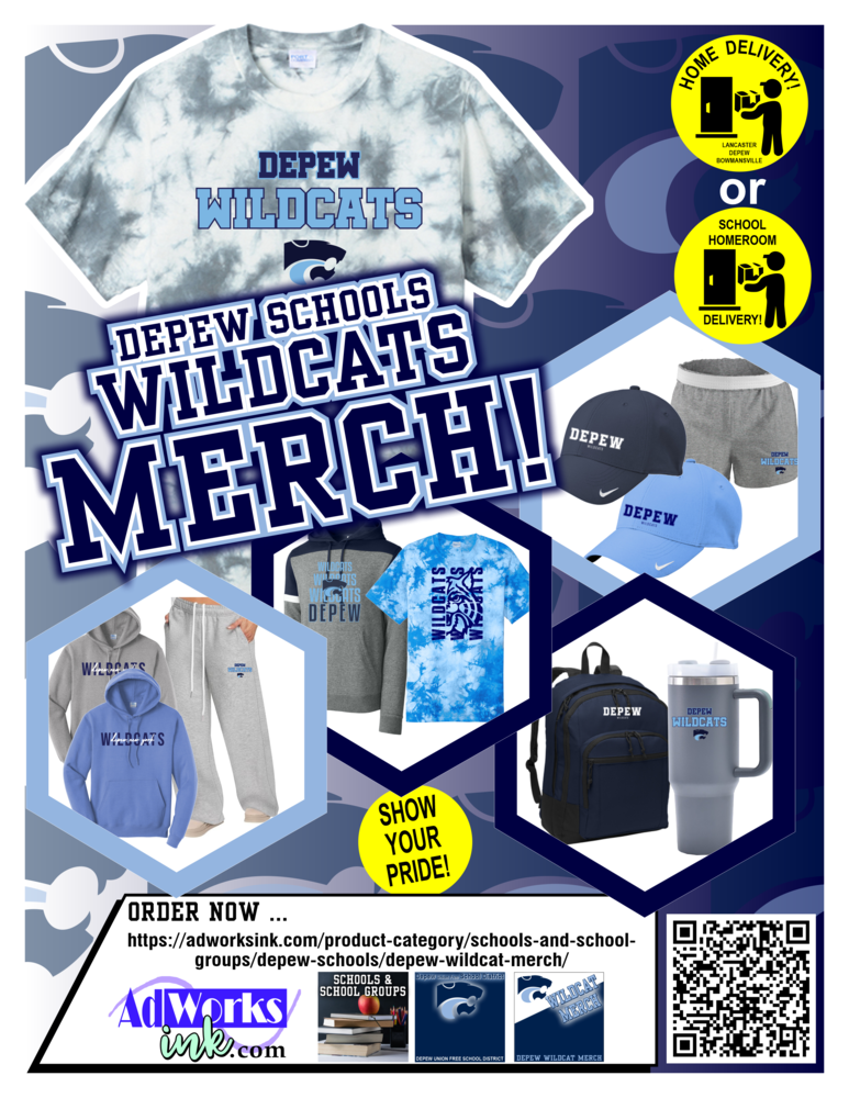 flyer with depew schools wildcat merch written on it