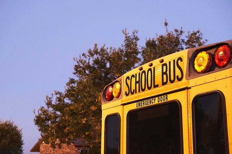top corner of school bus with trees and sky in bacgkround