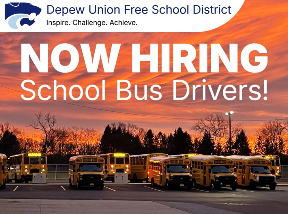 School Buses parked outside Depew schools.