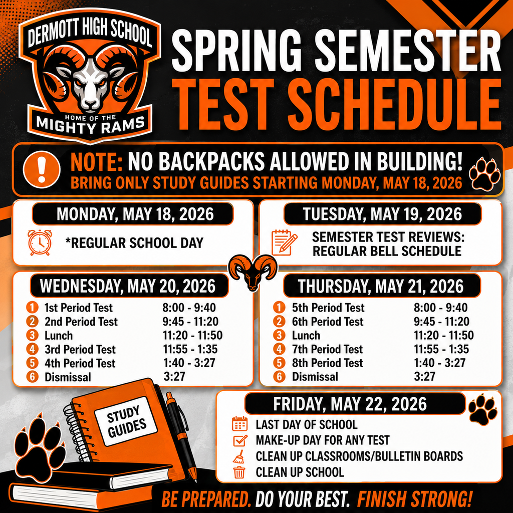 Semester Exam Schedule for students who are not  exempt! Students who have 5 or more absences or have been suspended must take semester exams!
