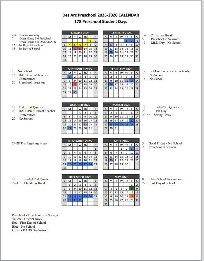 Pre-K Calendar 2025-2026 School Year