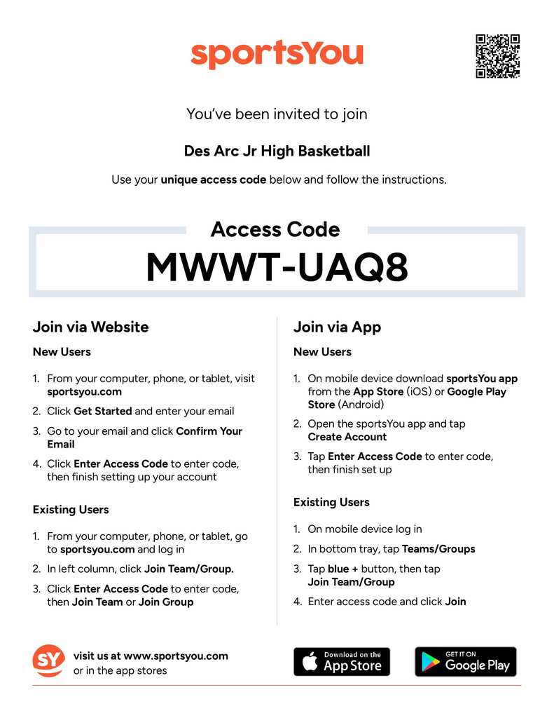 Access code and Sign-Up sheet for Boy's Jr. High Basketball sportsYou.