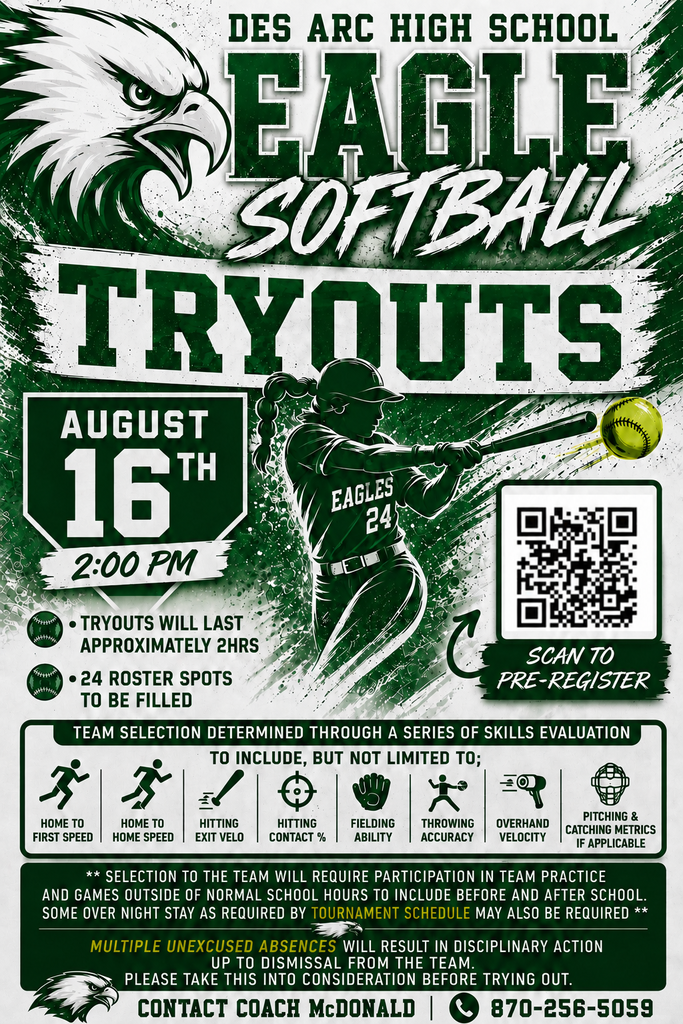 Tryout information for the Des Arc Eagles Softball team.