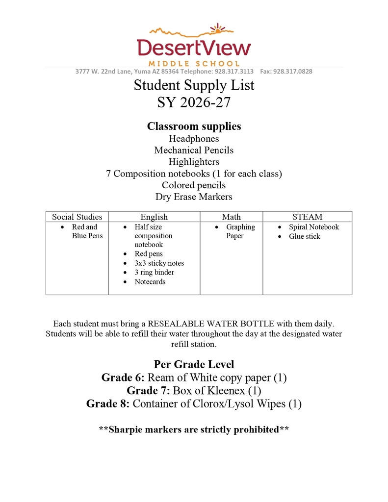 DVMS SY26-27 Supply List