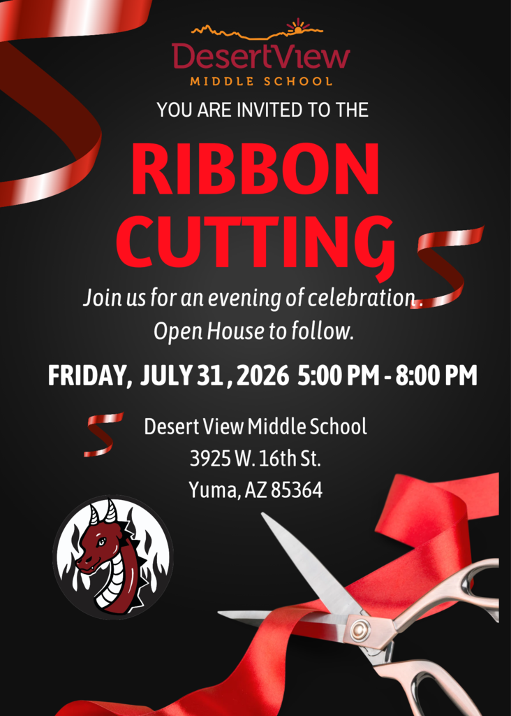 Flyer with Ribbon Cutting and Open House information. It will take place at the new DVMS building from 5:00 pm to 8:00 pm. on July 31st. 
