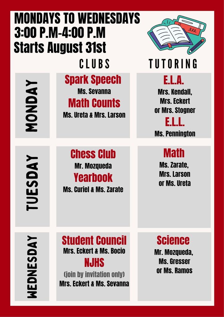 Clubs and tutoring schedule
