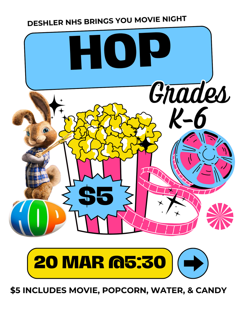 Notification for viewing the movie HOP. Grades K-6, March 20th at 5:30. $5 for entrance fee that includes popcorn, water and candy.