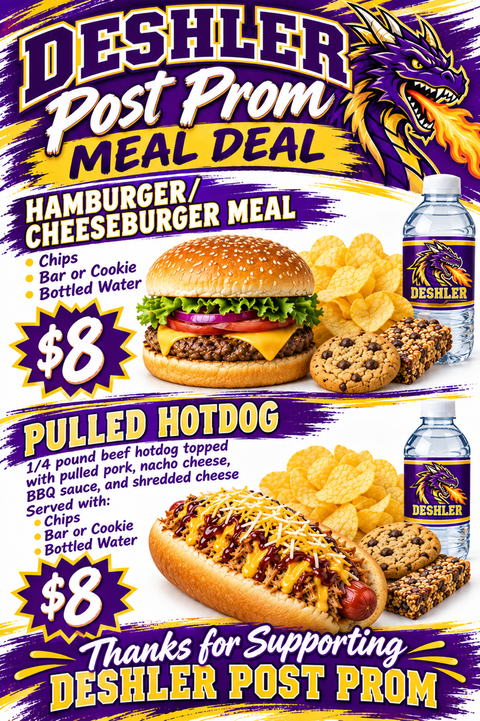 A purple menu offers two meal deals. A hamburger meal includes a cheeseburger, chips, cookies, and a beverage for $8. A pulled hotdog meal offers a hotdog, chips, cookies, and a beverage for $8.