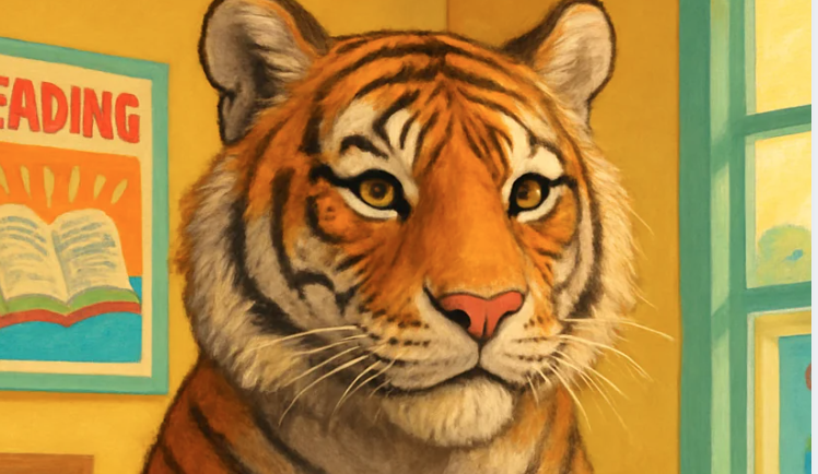 Tiger with student handbook