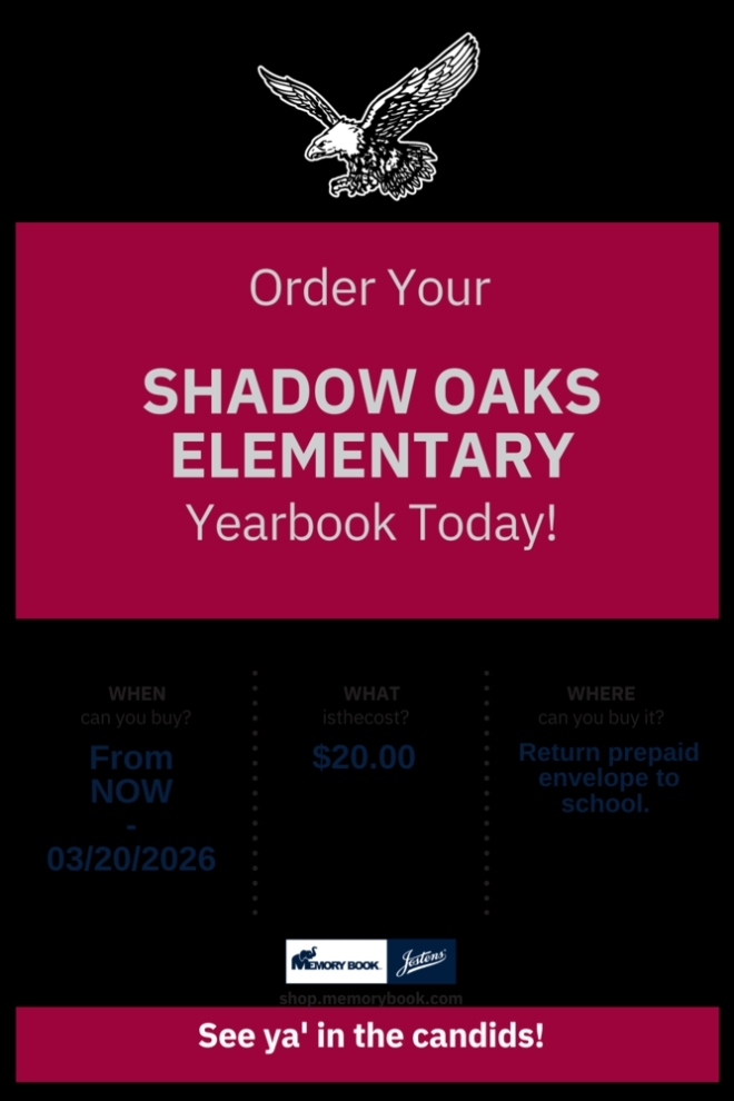 Order Your Yearbook Now! When can you buy? From NOW until 03/20/2026. What does it cost? $20.00. Where can you buy it? Return prepaid envelope to school. https://shop.memorybook.com