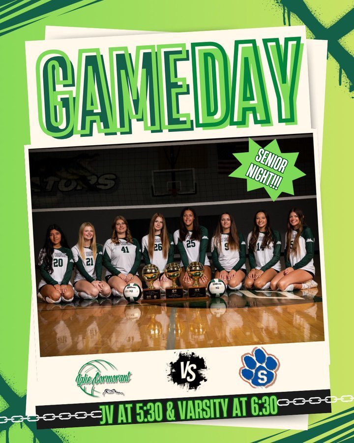 Game Day. Senior Night. JV at 5:30 & Varsity at 6:30. Photo of Senior volleyball players