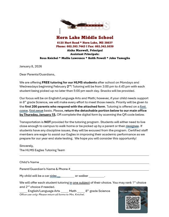 HLMS After School Tutoring Letter to Parents