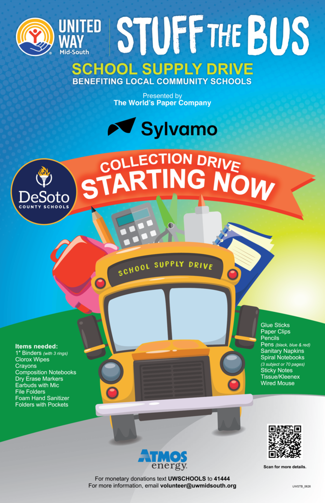 The United Way is partnering with DeSoto County Schools for a Stuff the Bus Initiative.  School supplies are being collected through the rest of June.  On July 1, we are asking that groups who have collected supplies bring those to Horn Lake High School for drop-off and sorting.  The supplies will be for new teachers' classrooms across the district.
