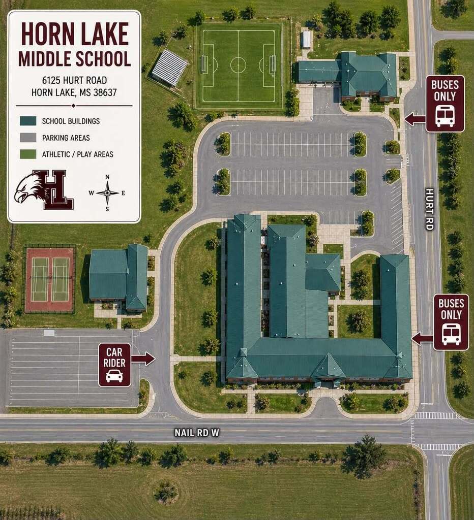 Drop off details: Bus lanes for morning drop off and afternoon pick up are on the East side of the building next to Hurt Rd. No one but buses can enter that side of the school until 7:15 AM for safety purposes. If you are needing to register or come into the office, please come after 7:15 AM. Do NOT drop off students on Hurt Rd. This is very dangerous!!! 🛑  Car-riders and walkers enter and exit on the West end of the building. They are NOT to be dropped off on Nail Rd. Parents must enter the parking lot for drop off and pickup. Our school resource officer is present directing traffic for everyone’s safety and to speed up the process. Thanks so much!