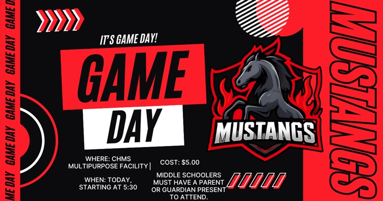 Game Day Announcement in red, black, and white with a black Mustang graphic.