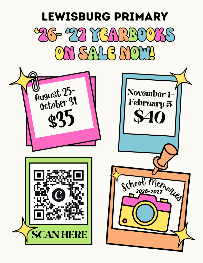 Lewisburg Primary 26-27 Yearbooks on sale now! August 25-October 31- $35 November 1- February 5- $40 QR code link: https://www.balfour.com/mississippi/olive-branch/lewisburg-primary-school Grab one today for your students 2026-2027 school memories!