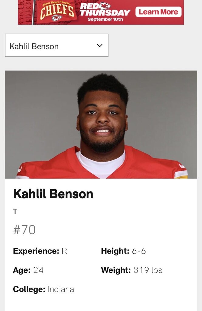 Kahill Benson Player Profile for Chiefs