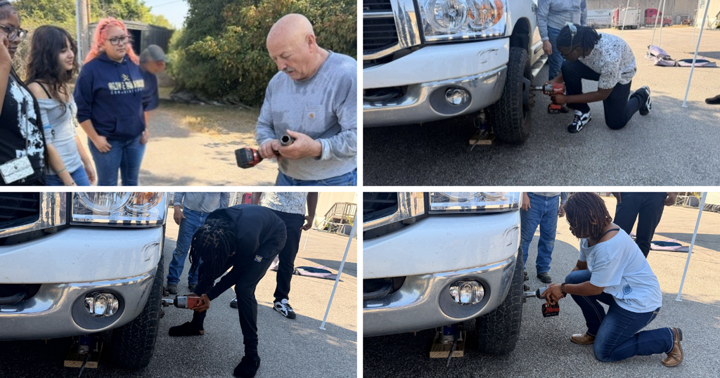 collage of students learning to change a tire
