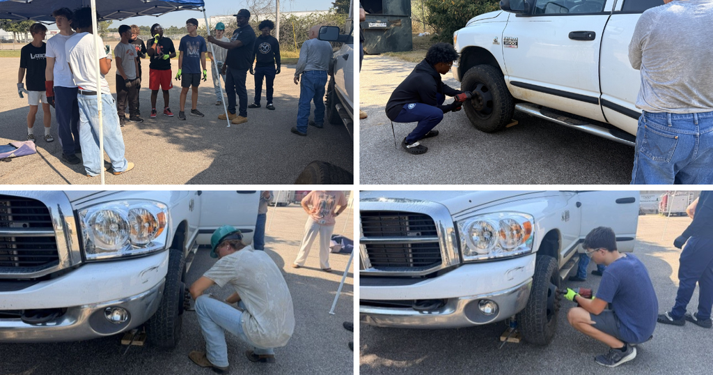 collage of students learning to change a tire
