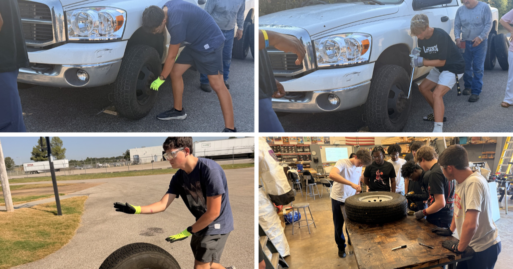 collage of students learning to change a tire