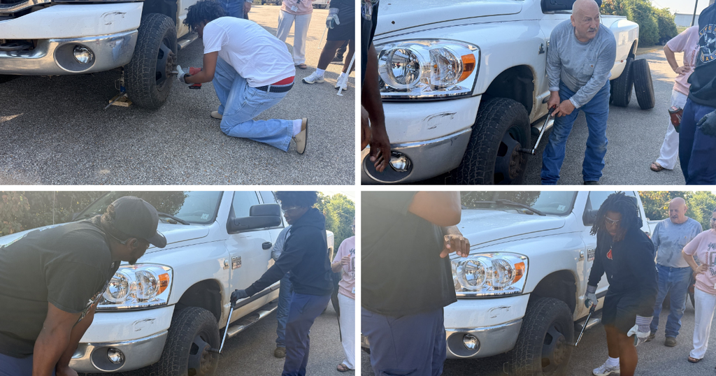 collage of students learning to change a tire