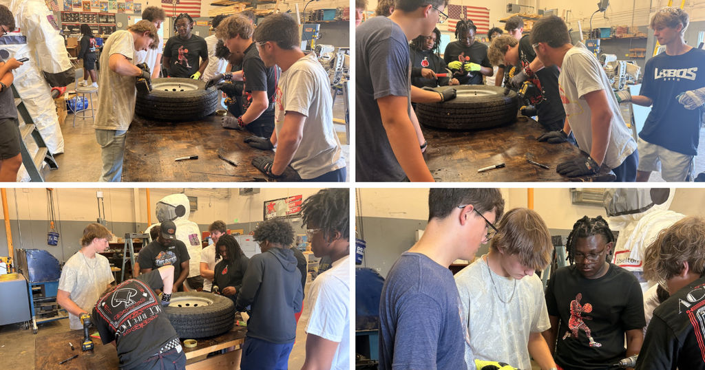 collage of students learning to change a tire