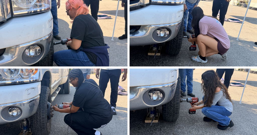 collage of students learning to change a tire