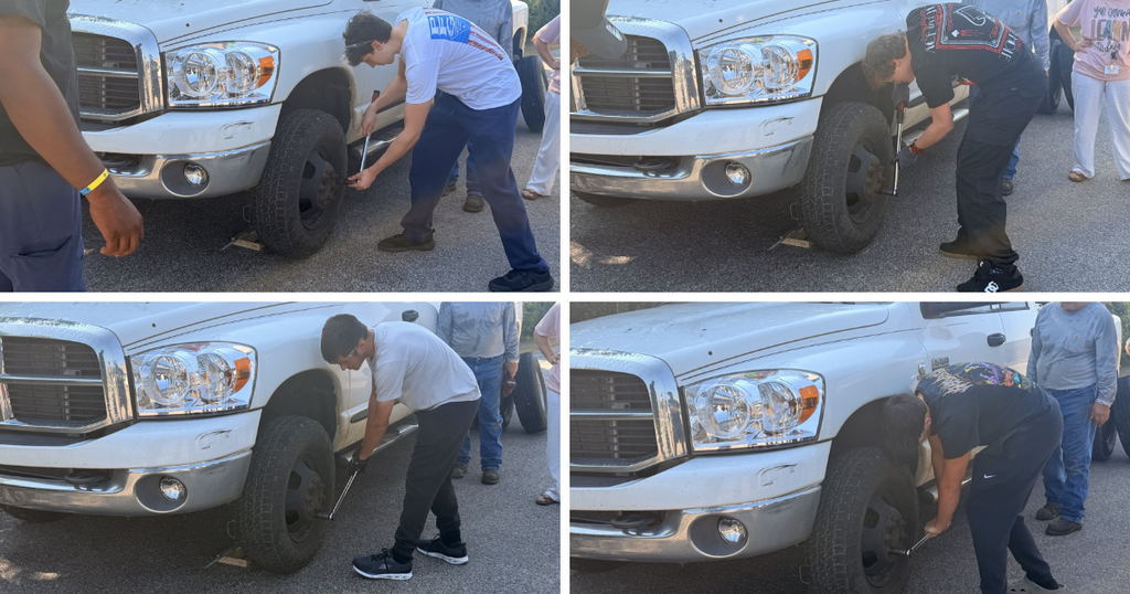 collage of students learning to change a tire