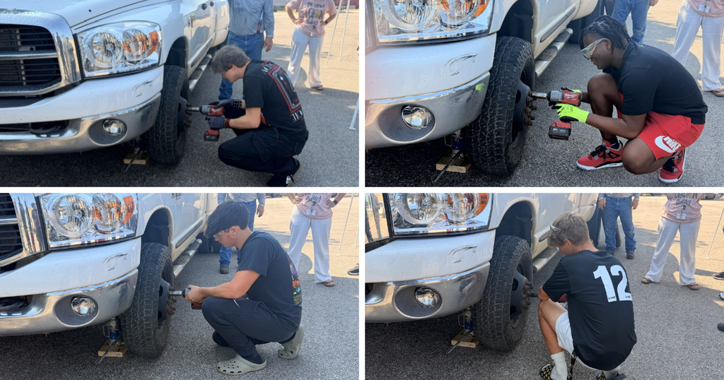 collage of students learning to change a tire