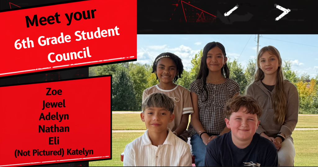 Text says, "Meet your 6th Grade Student Council Zoe, Jewel, Adelyn, Nathan, Eli, not pictured - Katelyn" Image shows three girls behind two boys outdoors with agreen field behind them.