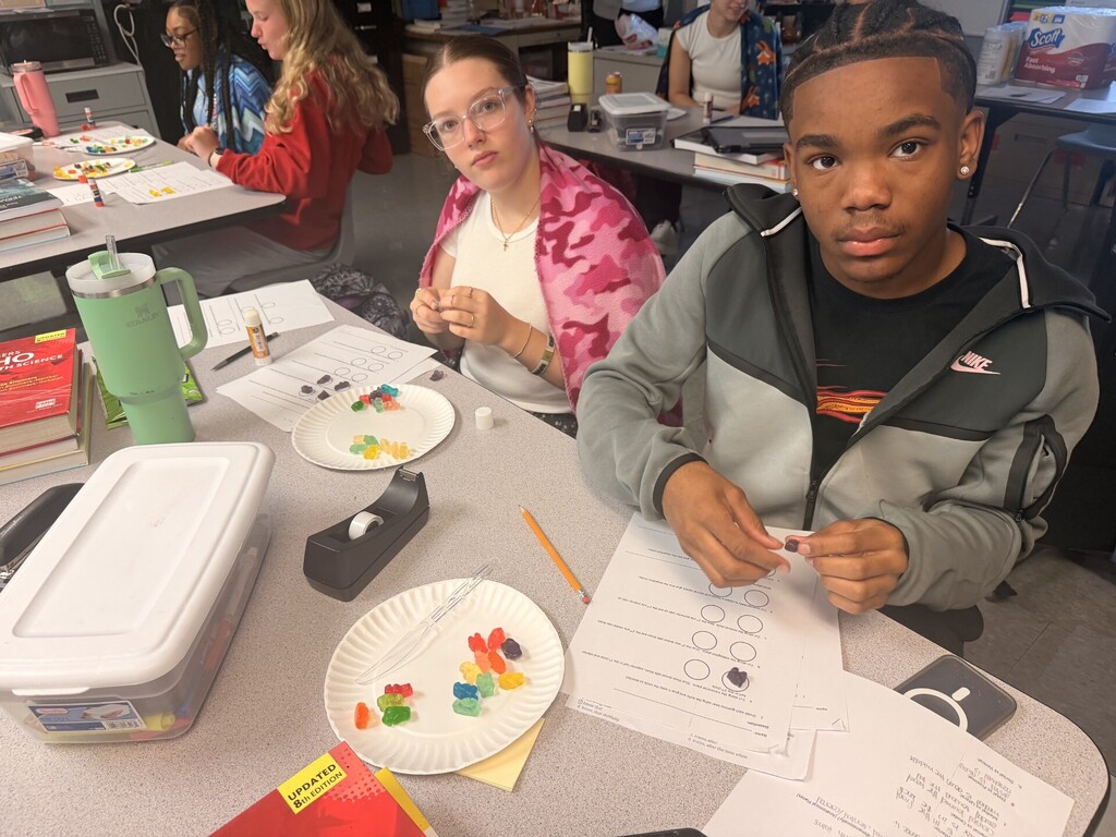 students cutting up gummy bears