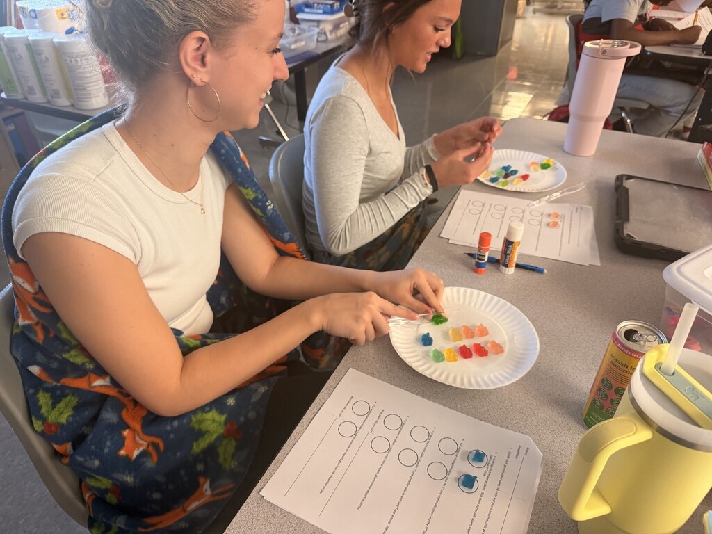 students cutting up gummy bears