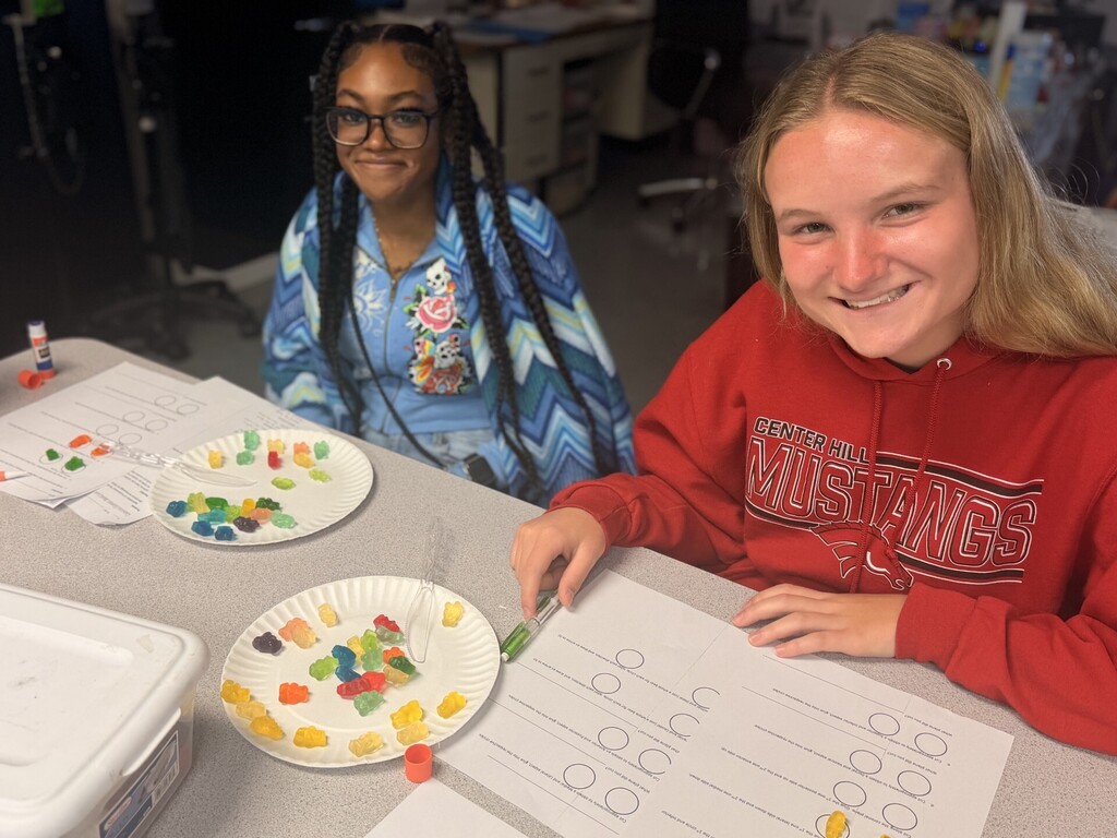 students cutting up gummy bears
