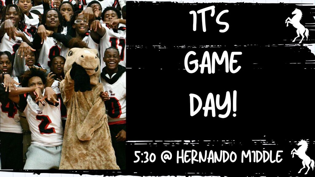Text says, "It's Game Day! 5:30 @ Hernando Middle" Image shows football players at a pep rally with the Mustang mascot standing in front of them.