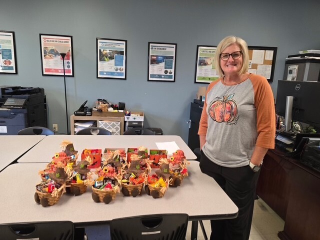 treat baskets on table and Ms Morris