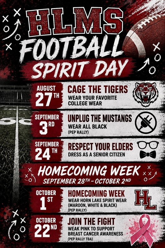 8/27: Wear your favorite college wear.  9/3: Wear black. (pep rally)  9/24:Dress as a senior citizen.  Homecoming Week 9/28-10/2  10/1: Wear HL spirit wear  10/22: Wear pink.