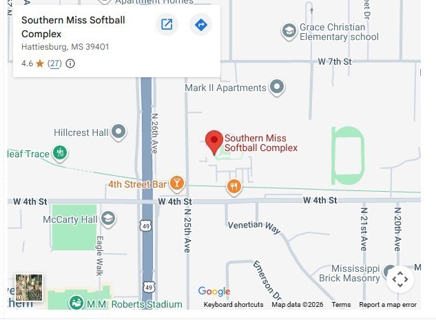 Map of Southern Miss Softball Complex