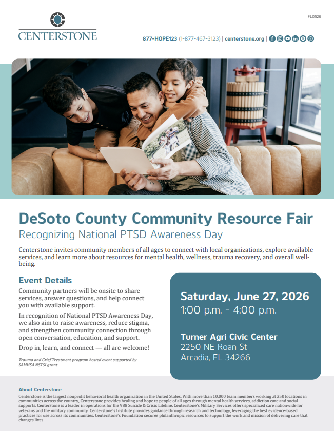 flyer for DeSoto County Community Resource Fair with a picture of a man reading to two young boys, the date June 27, 2026 and location at the Turner Center