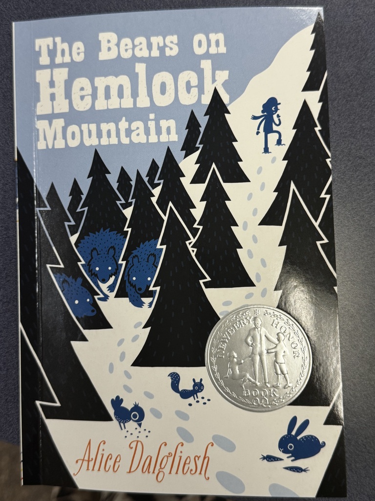book cover "The Bears on Hemlock Mountain" picture of mountain with snow, trees and bears