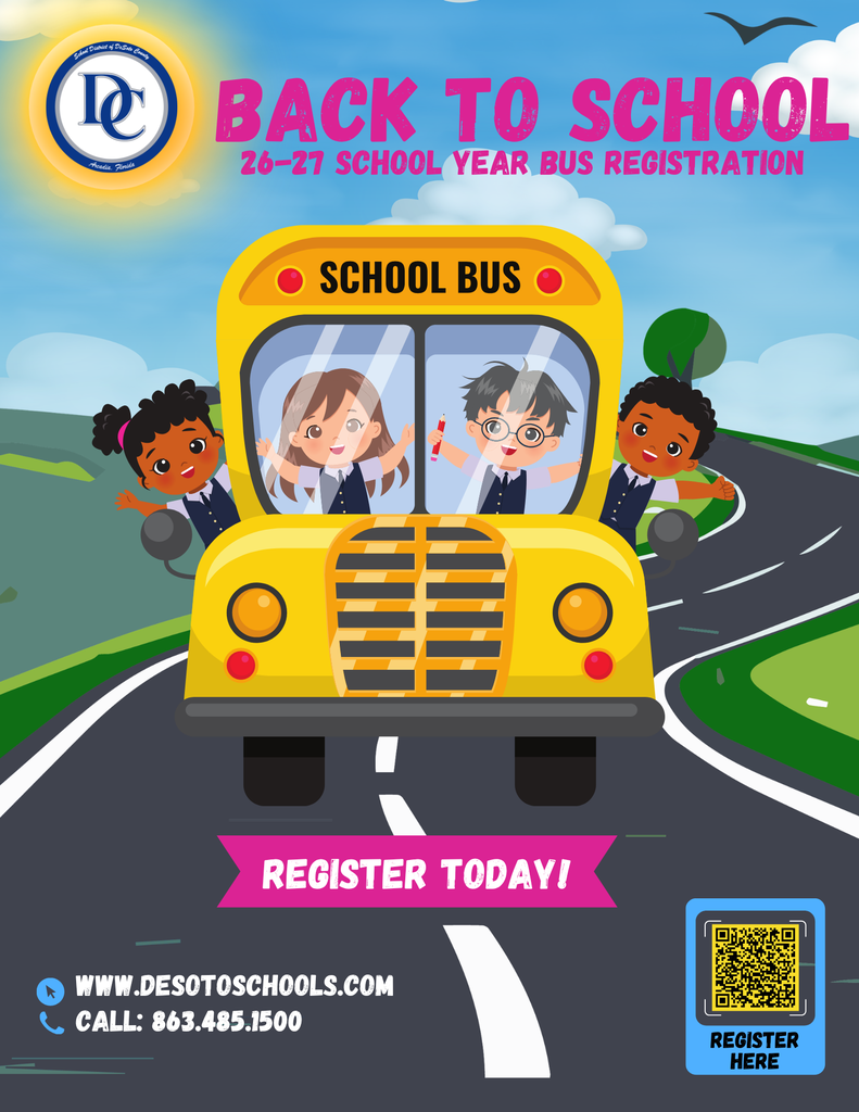 school bus with 4 children and a qr code with the words Register Today, Back to School 26-27 bus registration