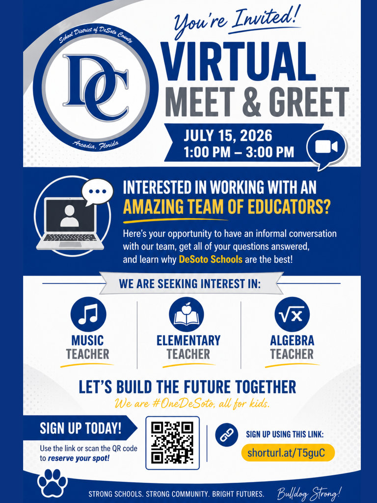 DC Flyer  (blue white and yellow) "Virtual Meet & Greet" with a link and qr inviting interested educators to an informal meeting
