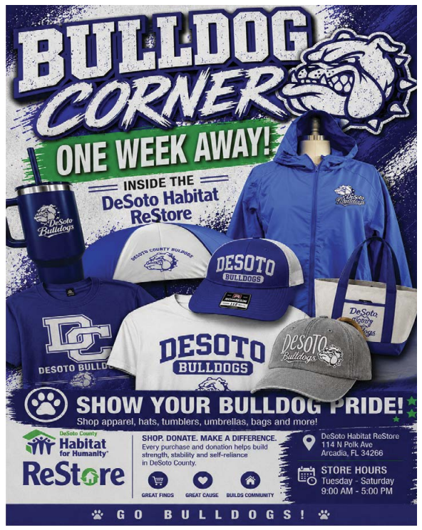 Bulldog Corner flyer, blue white and grey withe Habitat for Humanity Logo and various clothing with DeSoto Logo