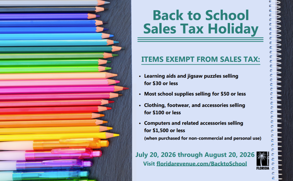 graphic with multiple colored pencils and a list of Back to School items exempt from sales tax