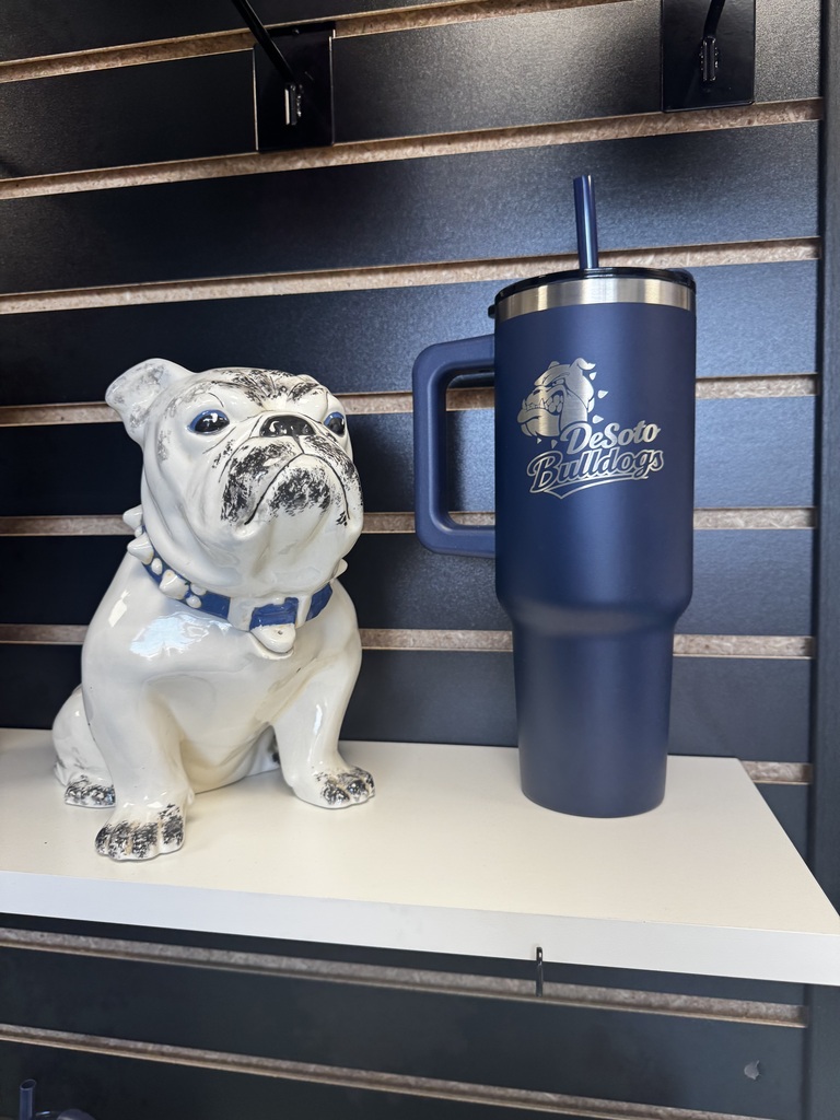 porceline white bulldog and blue cup with "DeSoto Bulldogs"