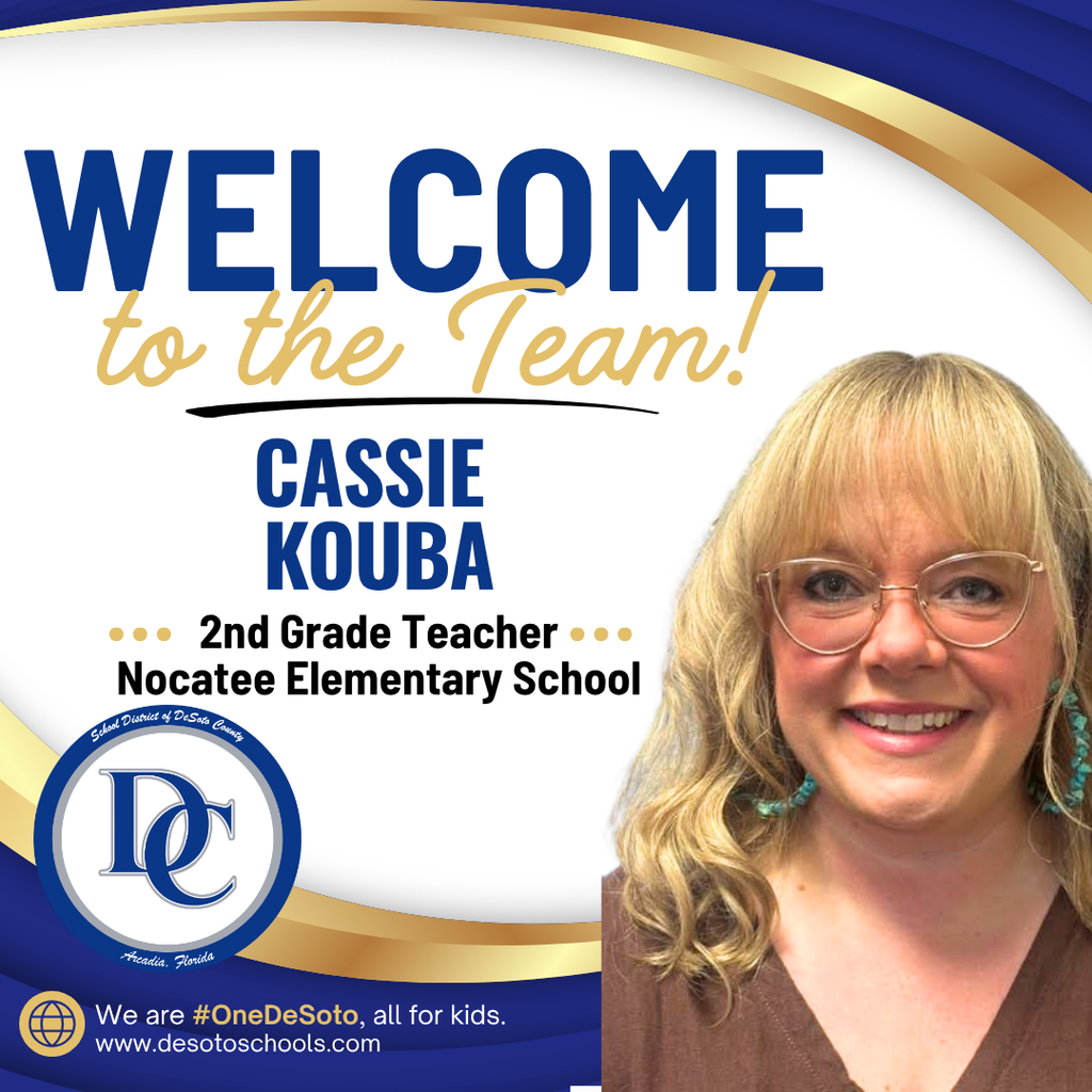 blue, white and gold graphic with "Welcome to the Team!" and  a photo of a woman wearing an orange shirt