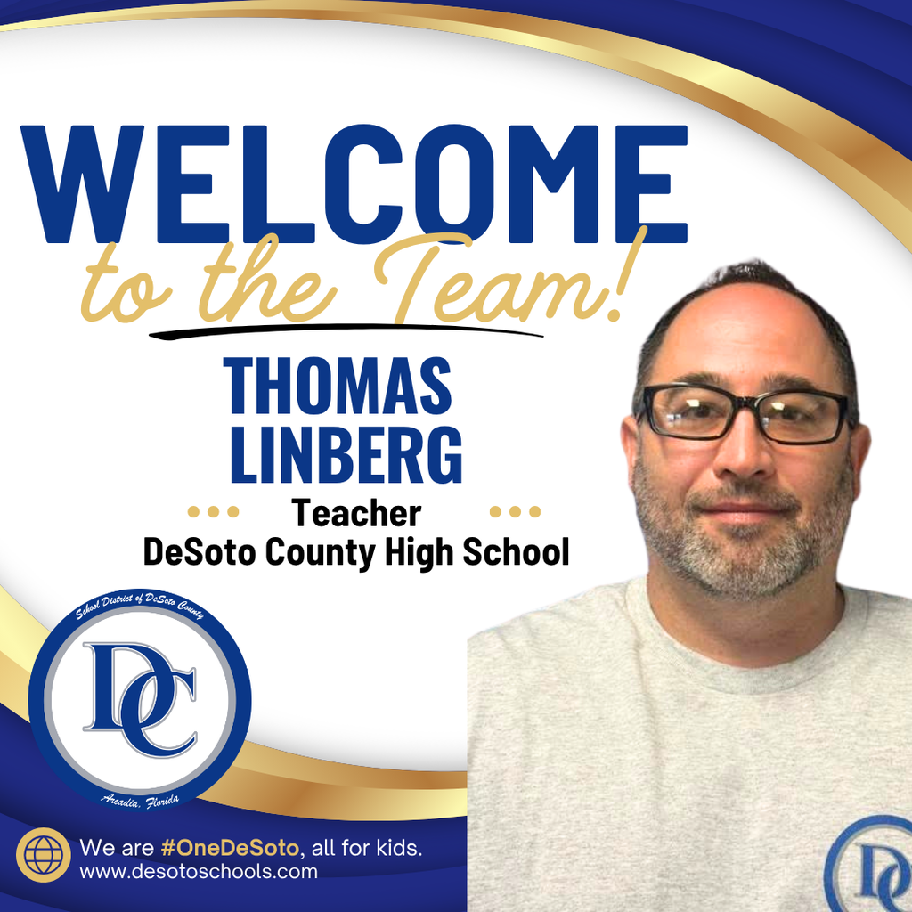 blue, white and gold graphic with "Welcome to the Team!" and  man a photo of a man wearing glasses 