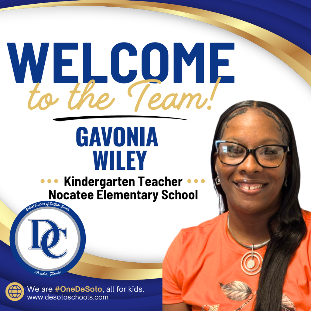 blue, white and gold graphic with "Welcome to the Team!" and  a photo of a woman wearing an orange shirt