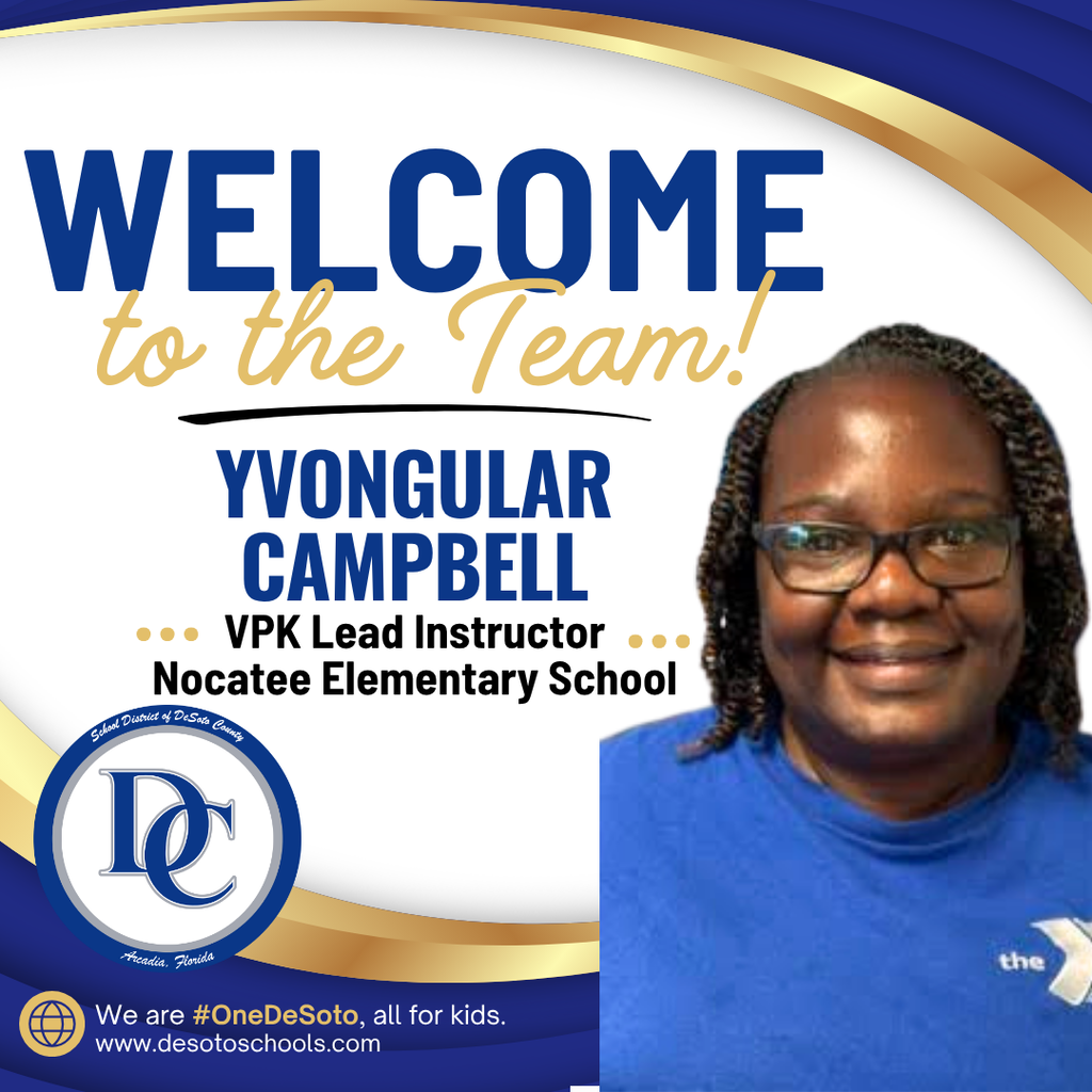 blue, white and gold graphic with "Welcome to the Team!" and  a photo of a woman wearing an blue  shirt