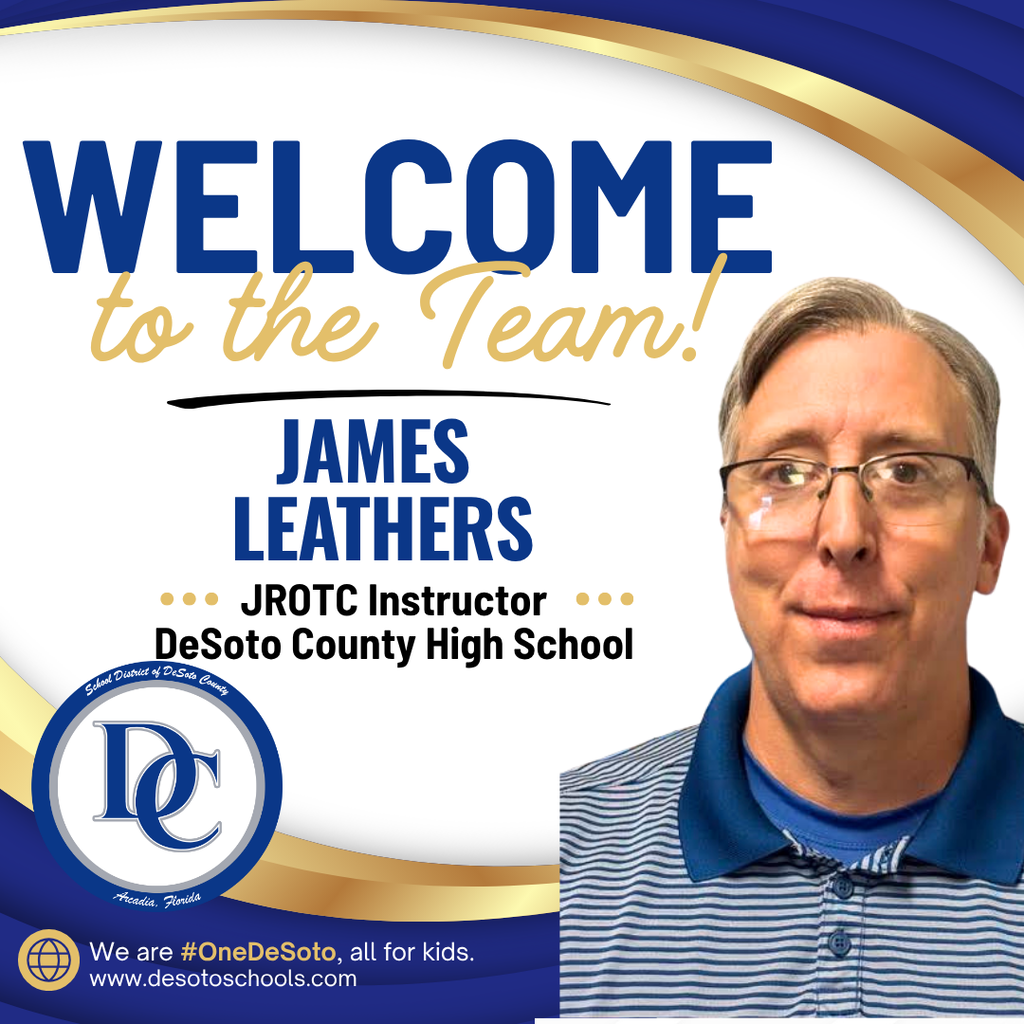 blue, white and gold graphic with "Welcome to the Team!" and  a photo of a man wearing an blue striped shirt